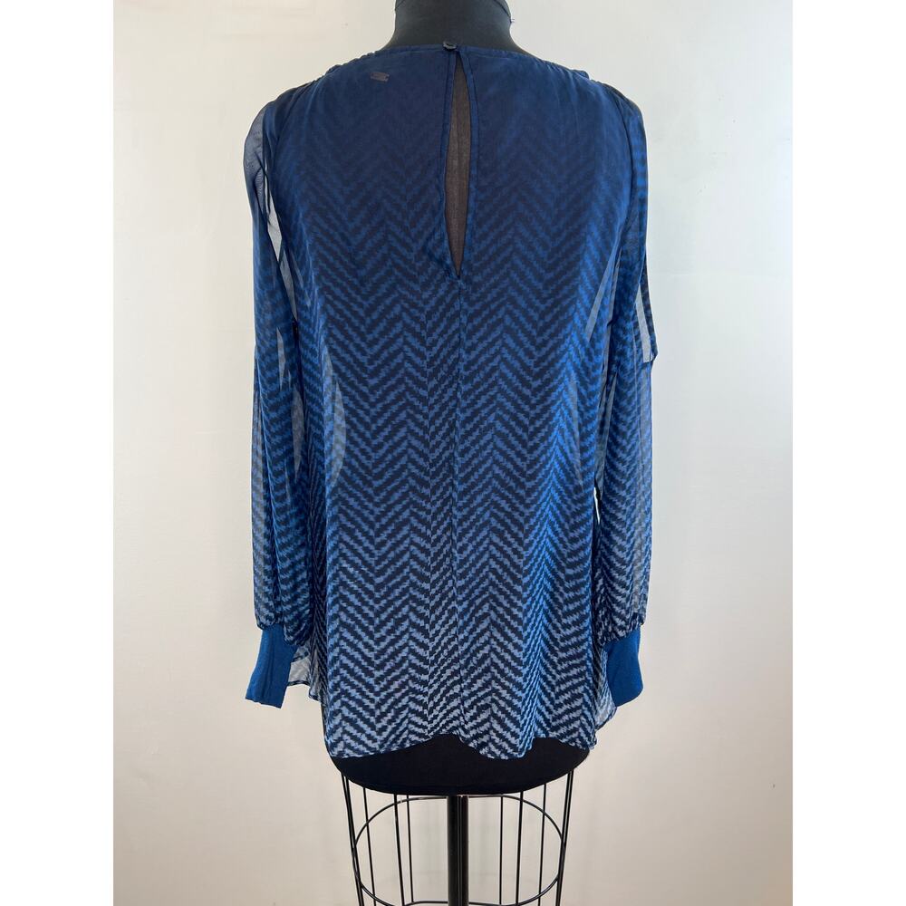 YFB Young Fabulous Broke Blue Black Herringbone Chiffon Slit Sleeve Top S Small - Picture 2 of 4